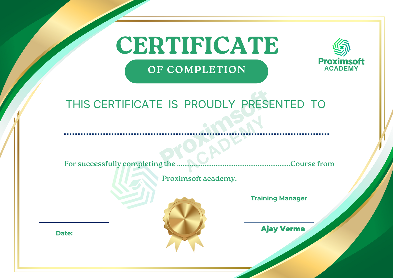 Proximsoft Academy Course Completion Certificate
